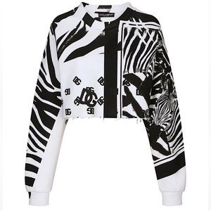 BNWT! Dolce&Gabbana Patchwork-Print Crop Raw-Edge Sweatshirt